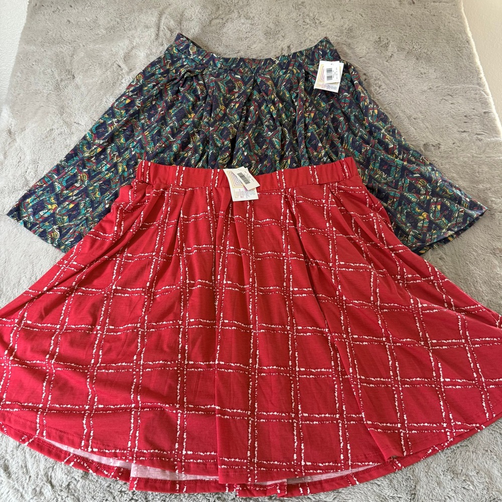 NWT 2 LuLaRoe Madison Skirt 3XL‎ Red White Plaid Print Floral Cottagecore Soft